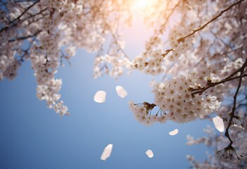 Fiori di ciliegio dal basso – Vista primaverile con petali che cadono