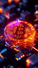 Glowing bitcoin rests on a vibrant circuit board, illuminated with neon orange and purple hues, suggesting digital currency and technology
