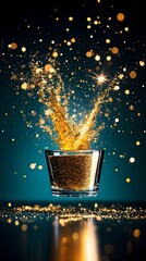 Golden liquid splashing from a short glass against a dark teal background, illuminated by sparkling golden bokeh effects, creating a celebratory, luxurious feel