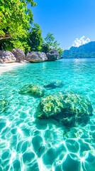 Idyllic tropical beach scene with crystal-clear turquoise water, visible shallow coral reef, white sand, and lush green foliage