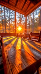 Golden sunrise rays stream through a screened porch of a rustic log cabin, illuminating a wooden picnic table and chairs, creating a warm and inviting atmosphere within the wooded setting