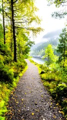 Obraz premium A gravel path winds through a lush, autumnal forest alongside a misty lake, leading towards a distant, fog-shrouded mountain range. The scene evokes serenity and a sense of peaceful exploration
