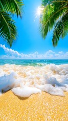Idyllic tropical beach scene with gently lapping waves on a sun-drenched shore, framed by lush palm fronds under a vibrant blue sky