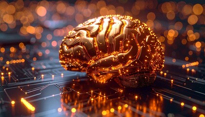 Abstract metallic brain sculpture embedded with glowing circuits, intricate details highlighting the fusion of technology and intelligence