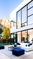 Modern white house with expansive glass walls showcasing a patio seating area and mountain backdrop under a clear blue sky