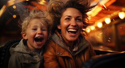 A child and adult share a thrilling roller coaster ride, their faces beaming with joy and excitement, surrounded by a vibrant amusement park atmosphere that captures pure delight.