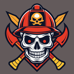 Skull Firefighter Emblem with Red Helmet and Crossed Axes Mascot Style Illustration
