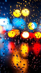 Rain-streaked windowpane distorts vibrant, blurred city lights at night; multicolored bokeh effect created by water droplets