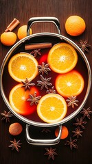 Overhead shot of a stainless steel pot filled with mulled wine, featuring orange slices, star anise, and cinnamon sticks, surrounded by additional fruit and spices on a dark brown wooden surface