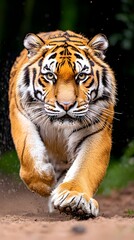 Obraz premium A majestic Siberian tiger, powerfully built, strides directly towards the viewer, its orange and black stripes sharply defined against a blurred dark background. Dust kicks up from 