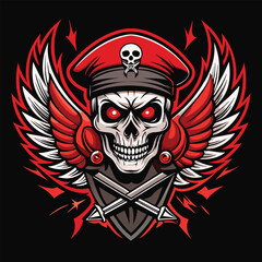 Skull Soldier Emblem with Red Beret, Wings, and Crossed Swords in Aggressive Mascot Style
