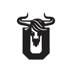Bull Skull Monogram Logo with Letter U &ndash; Western Ranch Style Horned Animal Head Icon for Strong BrandingBull 