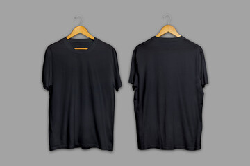 blank black t shirt mockup hanging on a wooden hanger isolated over grey background. front and back side view.3d rendering.