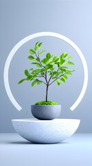 A small, vibrant green plant in a gray pot sits atop a light gray, spherical base, encircled by a white, minimalist arch against a pale blue backdrop; a serene, balanced composition