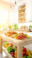 Sunlit kitchen island overflowing with vibrant, colorful fruits and vegetables, arranged on tiered levels, next to white cabinetry and open shelving stocked with jars