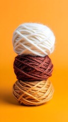 Three balls of yarn, off-white, brown, and tan, stacked vertically against a vibrant orange background.  The yarn appears soft and fluffy, suggesting a wool or similar texture