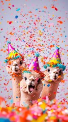 Three alpacas in party hats surrounded by colorful confetti, looking playfully at the camera, celebrating a festive occasion