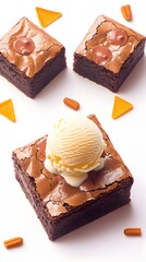 Three fudgy brownies, two plain and one topped with a melting scoop of vanilla ice cream, are artfully arranged on a white background, surrounded by small, orange, triangle-shaped candies