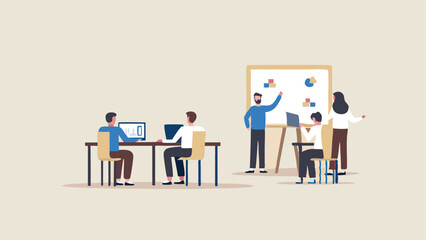 Team collaboration in office with presentation and people working at desks on laptops and whiteboard