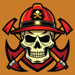 Skull Firefighter Emblem with Red Helmet and Crossed Axes Mascot Style Illustration
