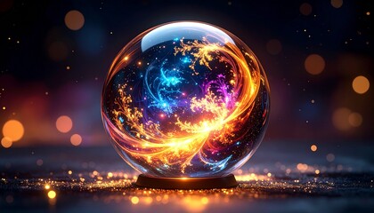 Transparent glass sphere encasing a swirling galaxy of AI-generated fractals, illuminated by soft ambient light for futuristic appeal