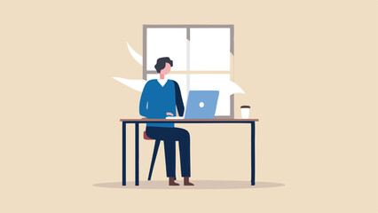 Illustration of a person working at a desk with a laptop in front of a window in a minimalist style