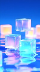 Translucent pastel cubes levitate and rest on a reflective surface, casting soft glows and creating a dreamy, ethereal atmosphere against a vibrant blue backdrop