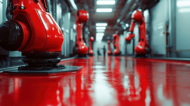 This image captures the intricate world of robotics within a manufacturing facility, showcasing the advanced technology at work in a vibrant industrial environment.