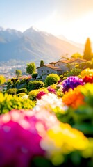 Vibrant flower garden blossoms in the foreground, blurring softly to reveal stone houses nestled on a hillside beneath majestic mountains bathed in the warm glow of sunrise or sunset