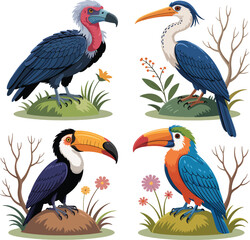 Obraz premium Colorful Tropical Birds Illustration with Vibrant Beaks and Feathers
