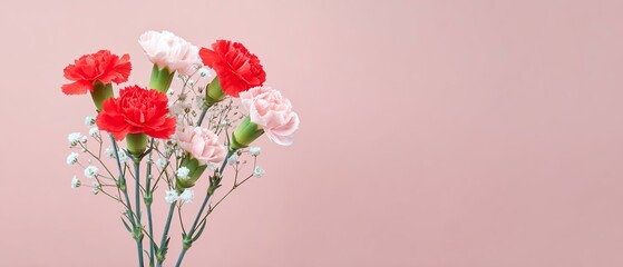 Obraz premium A beautiful arrangement of red and pink carnations delicately placed against a soft pink background, perfect for celebrating love, beauty, and nature in any setting.