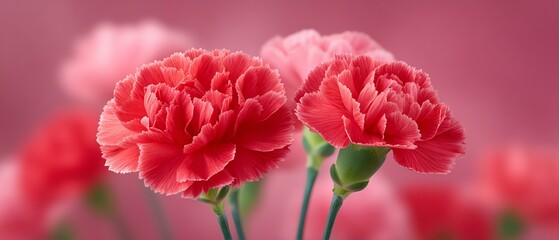 Fototapeta premium A beautiful arrangement of vibrant red and pink carnations, showcasing their delicate petals and lush green stems. Perfect for adding a touch of color and elegance to any space.