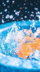 Vibrant splash of water, illuminated by bokeh, showing an orange object submerged, creating a dynamic, translucent, and texturally rich image