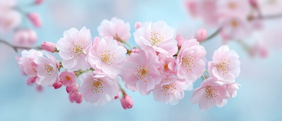 Obraz premium A beautiful close-up of delicate pink cherry blossoms against a soft blue background. This vibrant floral image captures the essence of spring and nature's beauty.