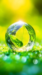 A crystal sphere, resting on vibrant green grass, encapsulates a pair of fresh, bright green leaves.  Sunlight filters through, creating a radiant, natural glow