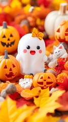 A cute ghost figurine with an orange bow sits amidst miniature jack-o'-lanterns, autumn leaves, and a small cat figurine on a bed of fall foliage