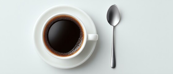 A close-up view of a black coffee cup resting on a clean, minimalist table. The sleek design highlights the simplicity and elegance of a perfect morning brew.