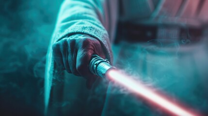 A captivating image of a Jedi's hand gripping a lightsaber, surrounded by swirling smoke, evoking a sense of adventure and mystique in an otherworldly setting.