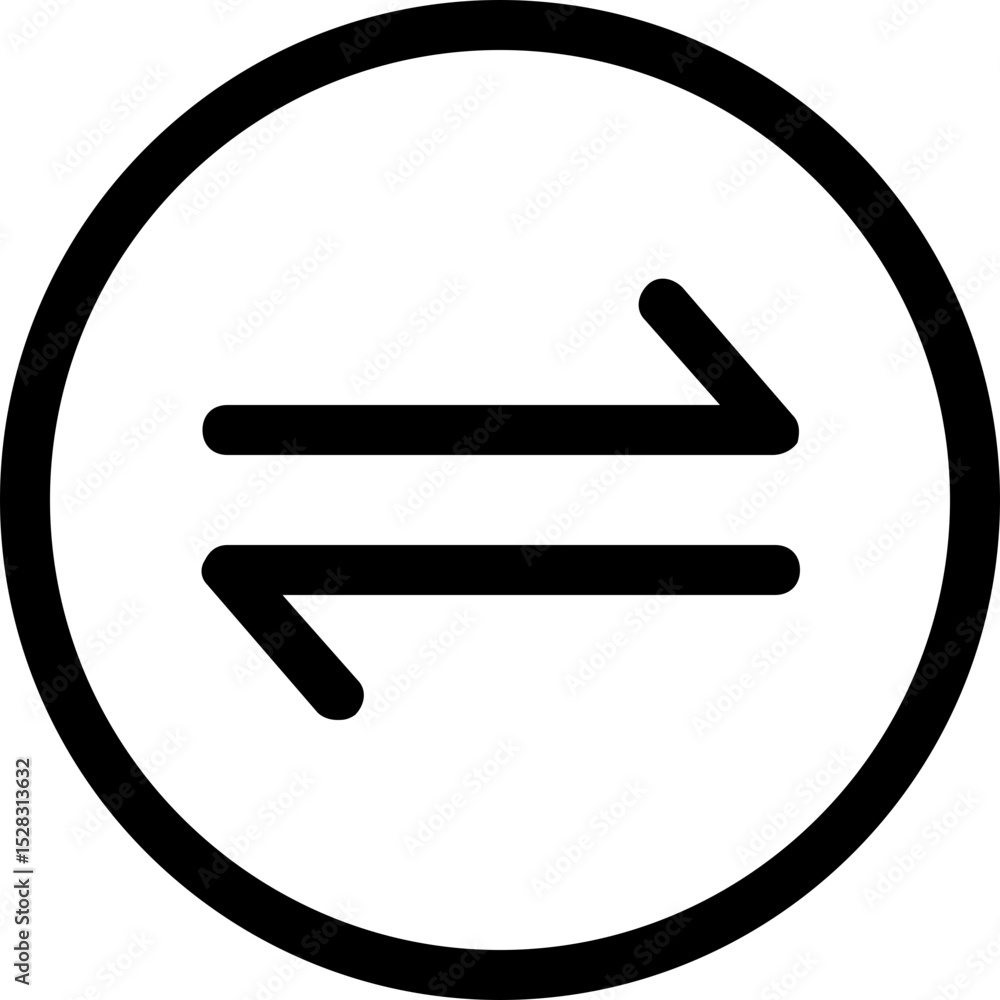 Poster black circle containing two horizontal arrows pointing in opposite directions on a white background