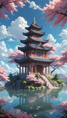 Obraz premium Traditional Pagoda Amid Blossoming Cherry Trees and Reflective Tranquil Waters