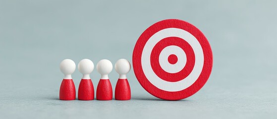 A group of red and white game pieces stands in front of a red and white target symbolizing goals and teamwork in business. Ideal for concepts of strategy and planning.