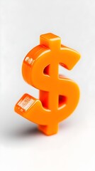 Fototapeta premium A vibrant orange plastic dollar sign sits on a stark white background, its glossy surface reflecting light, showcasing a three-dimensional form with subtle shadows