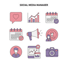 Social Media Management Icons: A set of nine minimalist icons representing key aspects of social media management, including scheduling, analytics, engagement, and community building.