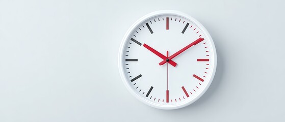 A modern wall clock with a minimalist design, featuring bold red hands against a white background