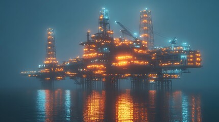 Night view of illuminated offshore oil platform, glowing machinery and soft reflections in ocean ;blue effect
