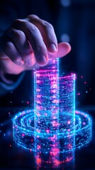 A hand interacts with a futuristic, glowing, cylindrical data structure, seemingly built from digital particles, on a dark, reflective surface.  The scene is rendered in vibrant blues and pinks,