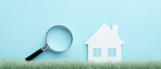 A stylized, minimalistic representation of a house next to a magnifying glass on a soft green grass background. Ideal for themes of home search, real estate, and market analysis.