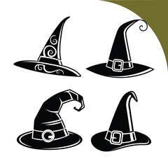 Fototapeta premium Minimalist Vector Illustration of Four Witch Hats in Various Colors for Halloween or Fantasy Themes