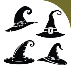 Minimalist Vector Illustration of Four Witch Hats in Black Red Green Blue and Yellow