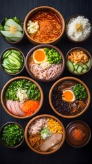 Overhead shot of various bowls of ramen, rice, and side dishes, meticulously arranged on a dark surface, showcasing diverse toppings and broths